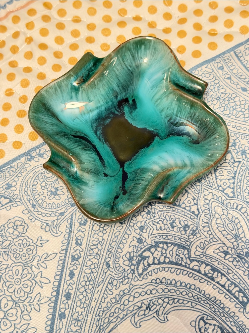 Teal Glass Ashtray with Flowing Marbled Design. MCM